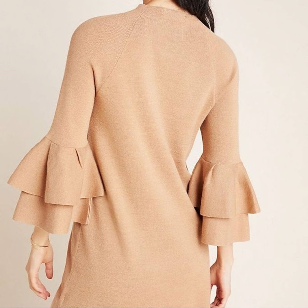 Anthropologie Claudette Ruffled Sleeve Mini
Sweater Dress Camel Brown sz M - Picture 3 of 16